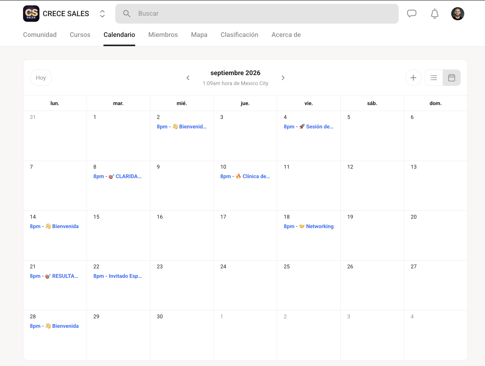 Calendario de sesiones en vivo